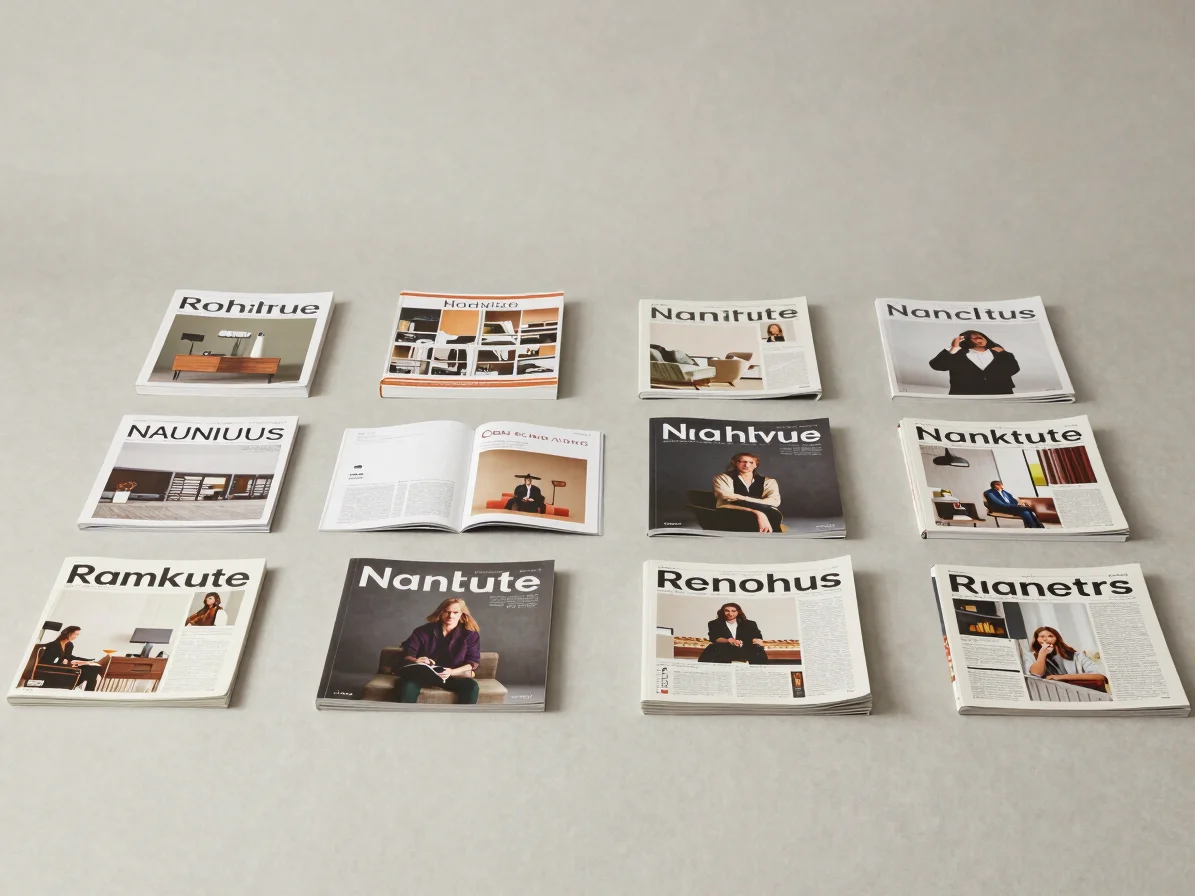 Clean overhead catalog arrangement of books, magazines, and newsp