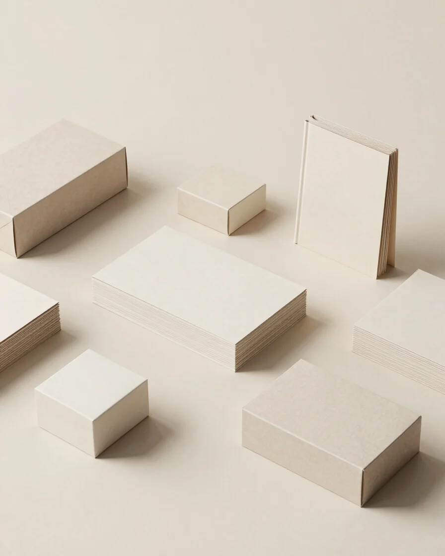 Neutral overhead view of organized stationery and paper product cartons on a plain backdrop, soft diffused studio light,