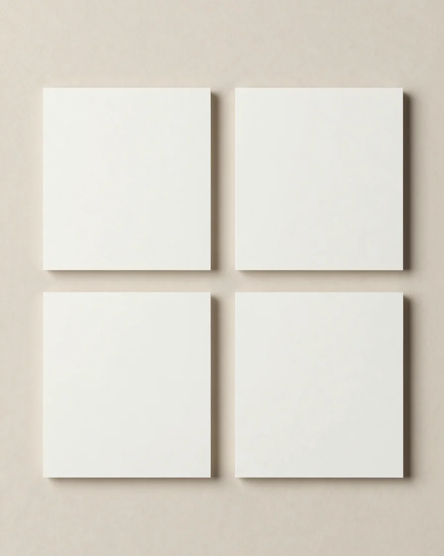 Overhead clean catalog arrangement of stationery and paper products on a neutral paper-toned backdrop, soft diffused stu